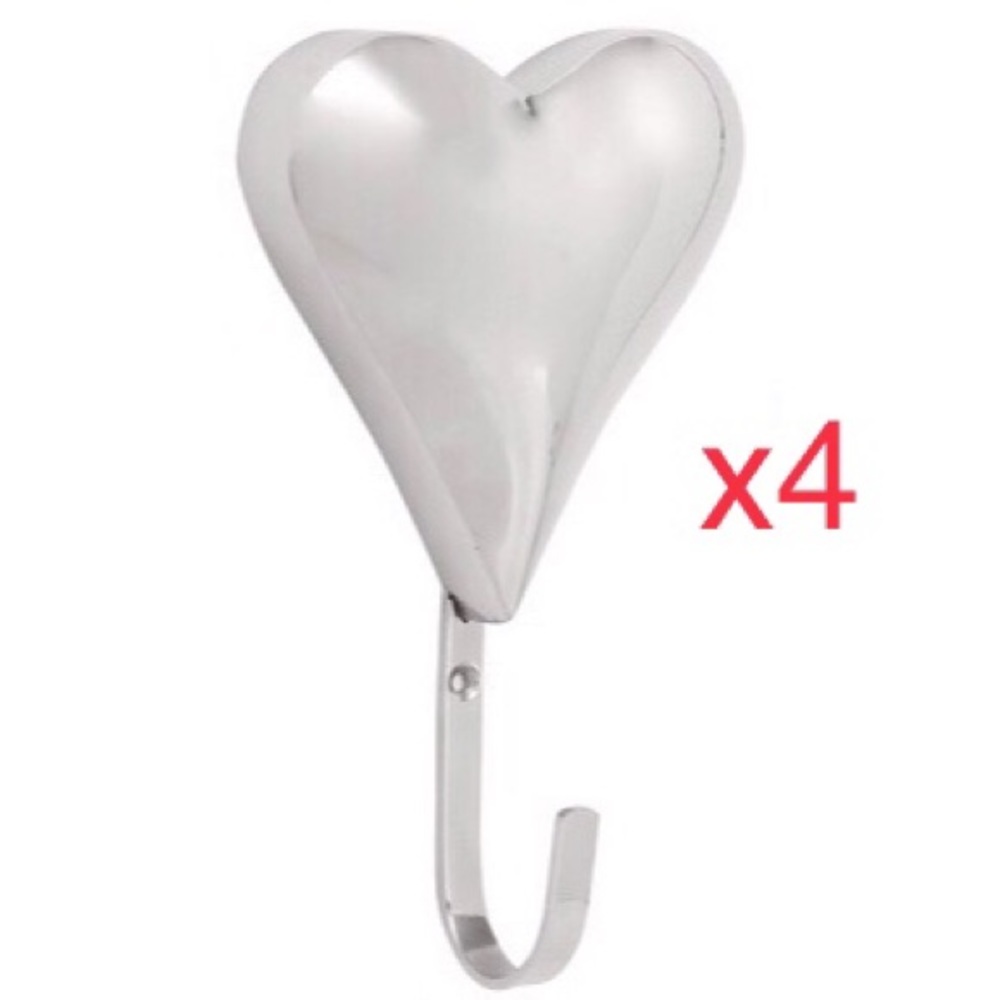 Set of 4 Large Metal Stainless Steel Heart Hooks